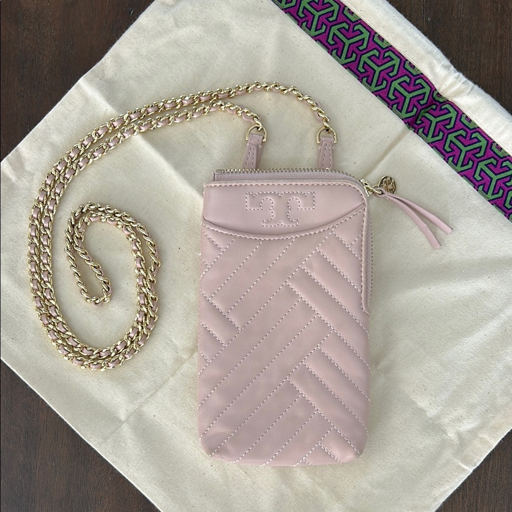 Tory Burch Quilted Pink Crossbody Phone Pouch with Gold Chain